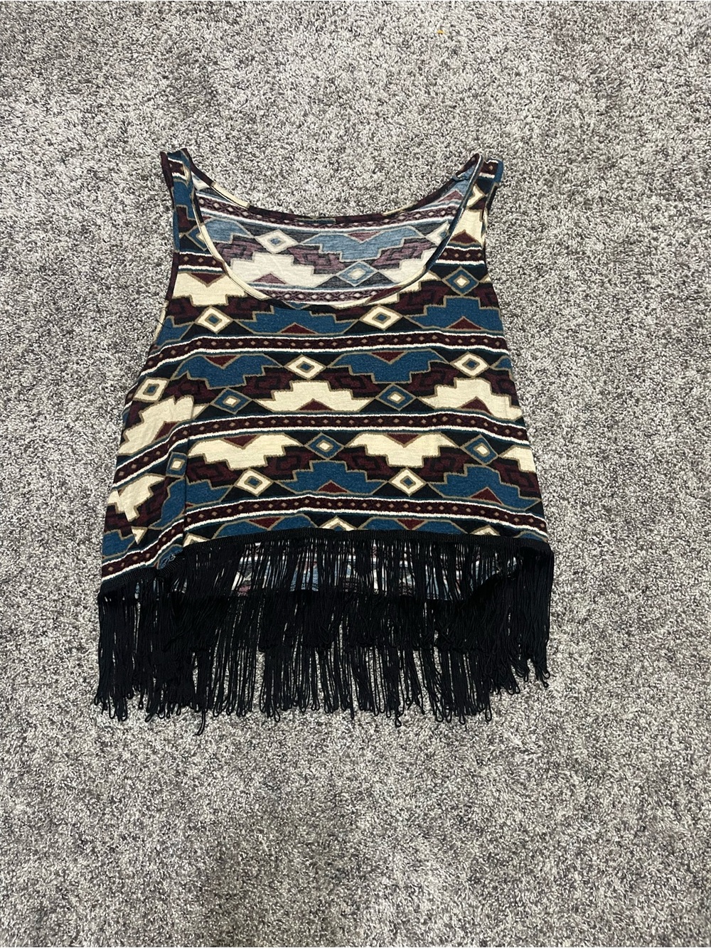 Fringed Aztec Print Cropped Tank Top - Multicolor